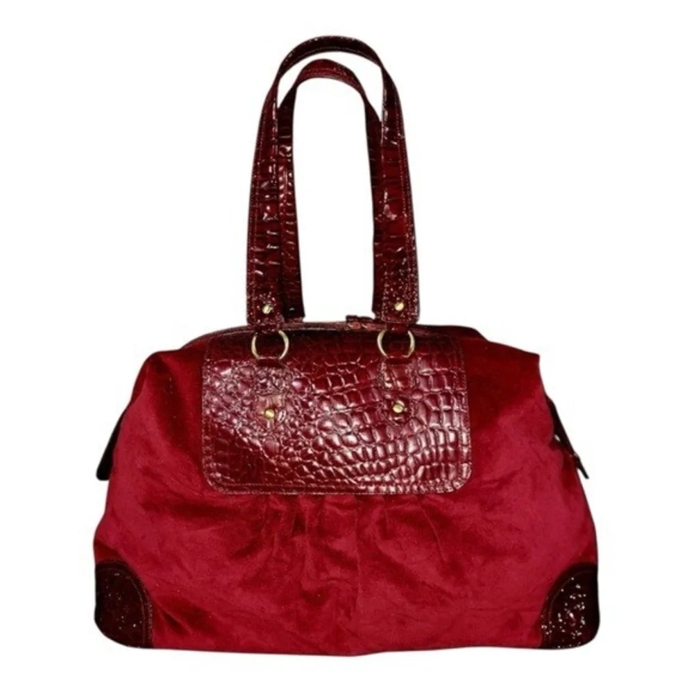 Burgundy Red Velvet Vegan Leather Trim Weekend Tote Shoulder Bag 22x15x8 NWOT